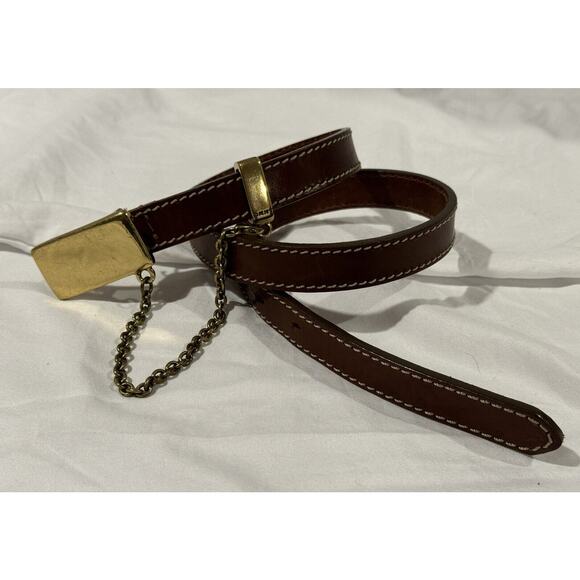 Vintage DKNY Brown Leather Skinny Belt With Brass Chain Detail Size Small Italy